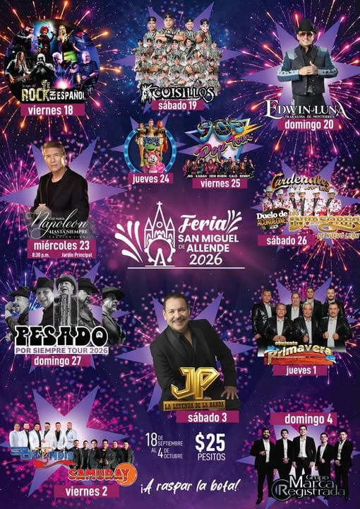 El cartel promocional anuncia las presentaciones musicales programadas para la Feria San Miguel de Allende 2026, que se llevará a cabo del 18 de septiembre al 4 de octubre. (Feria de San Miguel de Allende 2026)
