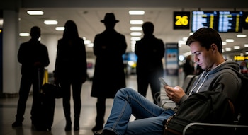 Un hombre joven concentrado en su teléfono móvil en un aeropuerto, mientras cuatro figuras humanas oscuras y difuminadas se erigen detrás.