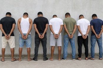 Siete personas paradas en fila de espaldas a un muro gris con las manos esposadas por detrás.