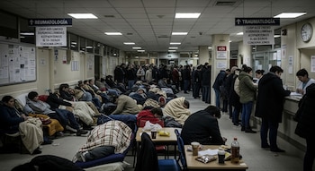 Sala de espera de hospital con personas sentadas y recostadas en el suelo y sillas, muchas cubiertas con mantas, cerca de carteles de Reumatología y Traumatología.