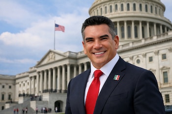 Hombre sonriente con traje oscuro, corbata roja y pin de bandera mexicana. Al fondo, el Capitolio de EE. UU. bajo un cielo nublado con la bandera nacional ondeando.