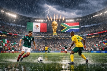 Futbolistas de México y Sudáfrica juegan bajo lluvia intensa y relámpagos en un estadio. Banderas de ambos países y el trofeo del Mundial son visibles.