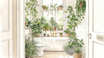 Dibujo en acuarela de un baño con bañera, inodoro, ventana y varias macetas con plantas verdes en el suelo, la repisa y colgadas.