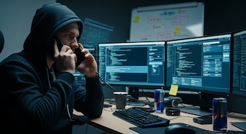 Hombre con capucha oscura habla por teléfono, sentado frente a tres monitores de computadora con código. Sobre el escritorio hay un teclado, un ratón y latas de bebida.