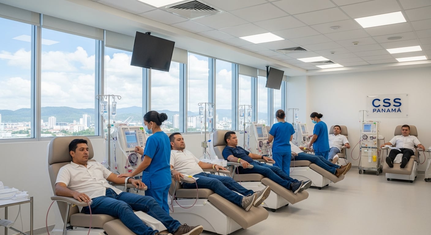 Pacientes reciben tratamiento de hemodiálisis con la atención de enfermeras en las modernas instalaciones del CSS Panamá, ofreciendo servicios vitales con vista a la ciudad. (Imagen Ilustrativa Infobae)