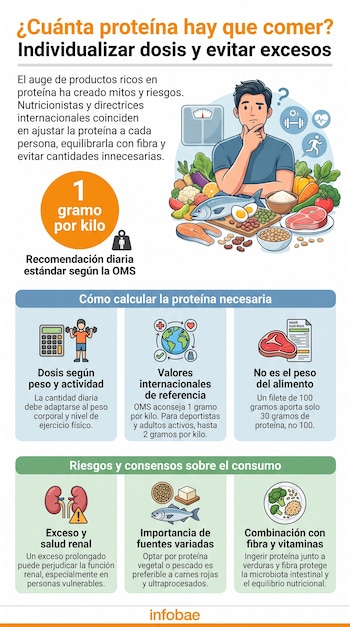 Una infografía sobre el consumo de proteína, con un hombre pensando, balanza, alimentos variados, íconos de ejercicio, calculadora, riñones y platos.
