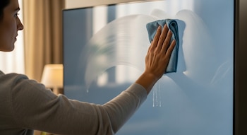 Primer plano de una persona limpiando la pantalla de un televisor oscuro con un paño de microfibra azul, dejando marcas de limpieza visibles en la superficie brillante.
