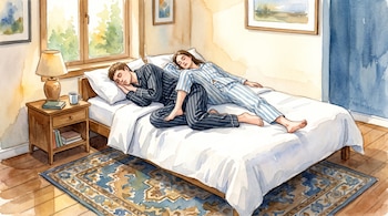 Ilustración en acuarela de un hombre y una mujer durmiendo en una cama con pijamas a rayas, junto a una mesa de noche con lámpara y una alfombra.