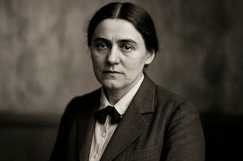 Retrato en blanco y negro de una mujer con el cabello recogido, que viste una camisa blanca, corbatín oscuro y chaqueta. Fondo liso