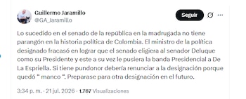 El ministro de Salud, Guillermo Jaramillo, aseguró que Rodrigo Lara fracasó en lograr que el congresista Alfredo Deluque fuera elegido presidente del Senado - crédito @GA_Jaramillo/X