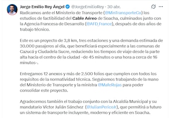 El 30 de abril de 2026, la Gobernación de Cundinamarca y Soacha entregaron al Ministerio de Transporte los estudios técnicos del Cable Aéreo, una obra de 3,8 kilómetros y tres estaciones que reduciría los tiempos de viaje en las comunas altas de Soacha de hasta una hora a solo 16 minutos - crédito Jorge Emilio Rey/X