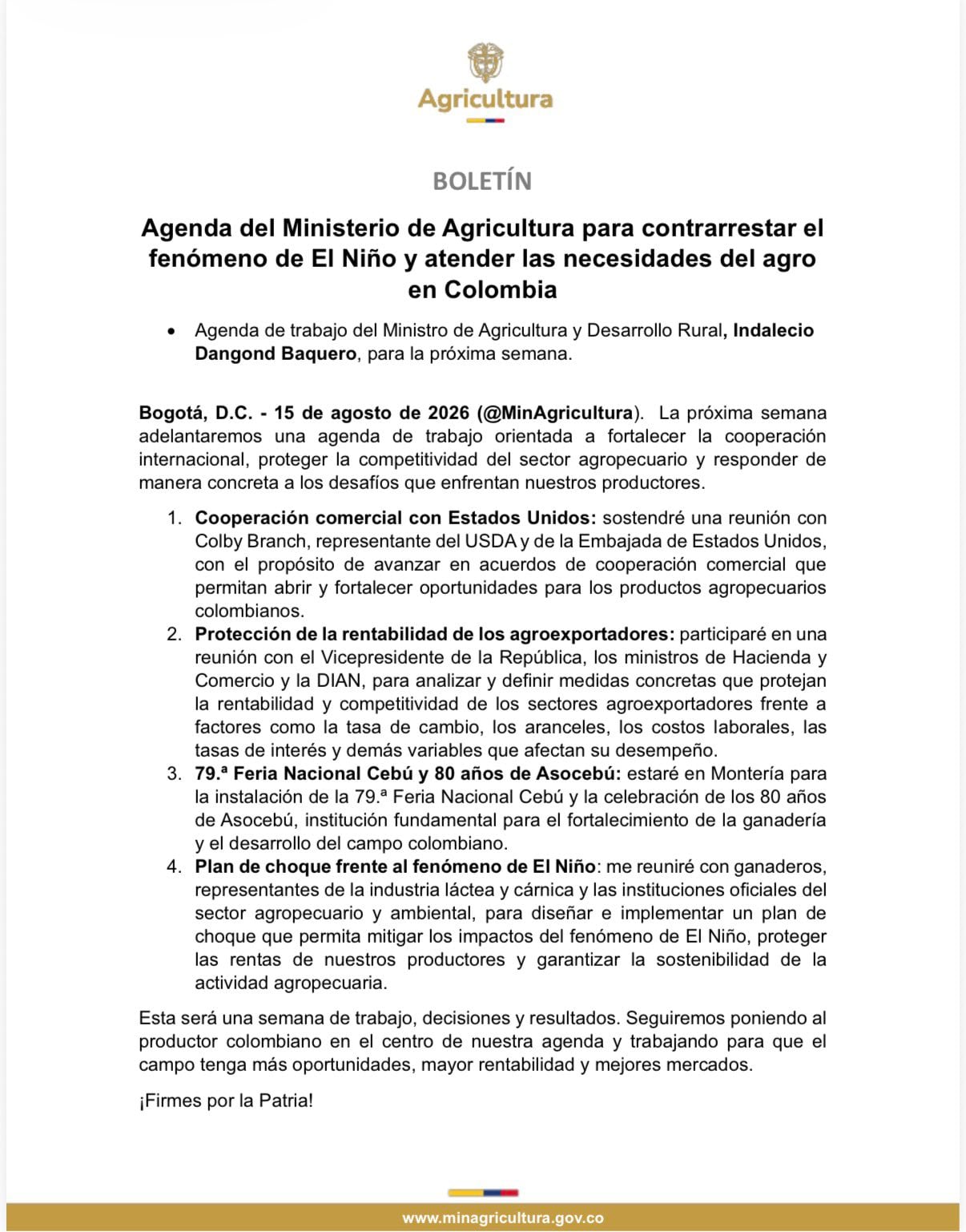 El Ministerio de Agricultura presentó su agenda de trabajo para la próxima semana. - crédito @MinAgricultura/X