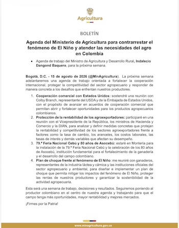El Ministerio de Agricultura presentó su agenda de trabajo para la próxima semana. - crédito @MinAgricultura/X