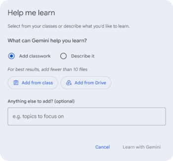 Captura de pantalla de interfaz digital con título 'Help me learn'. Muestra opciones para agregar trabajo de clase, describir tema y cargar archivos