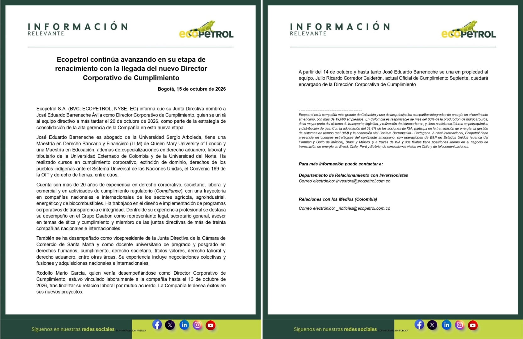 Ecopetrol nombra nuevo director de cumplimiento y evalúa cambios en ISA
