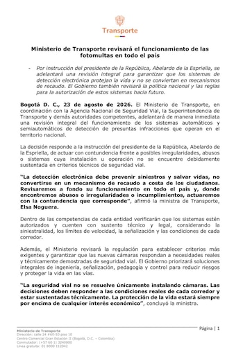 El Ministerio de Transporte evaluará autorización, criterios técnicos, proporcionalidad de sanciones y destino de recursos, junto con la Agencia de Seguridad Vial y la Superintendencia - crédito Ministerio de Transporte