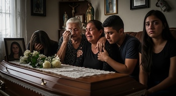 Cinco personas, tres mujeres y dos hombres, lloran alrededor de un ataúd de madera con flores blancas y una foto enmarcada de una mujer joven.