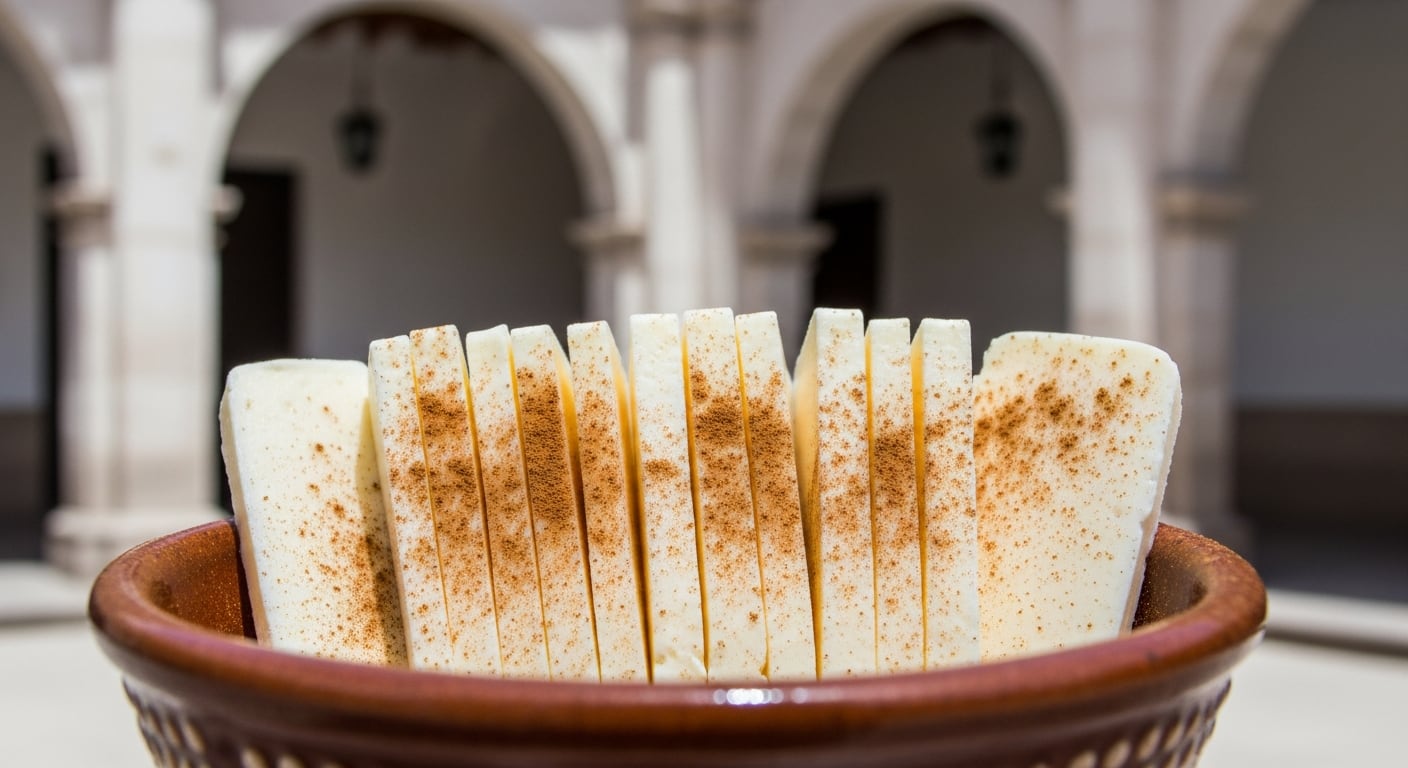 Láminas de queso helado con canela en polvo se sirven en un cuenco de cerámica, con el distintivo fondo de un patio colonial de sillar arequipeño iluminado por luz natural suave. (Imagen Ilustrativa Infobae)