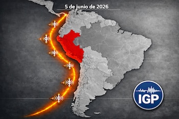Mapa conceptual de Sudamérica, con Perú en rojo y el Cinturón de Fuego del Pacífico en naranja neón con iconos sísmicos. Incluye el logo del IGP y la fecha 5 de junio de 2026.