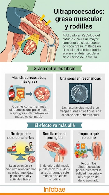 Infografía con ilustraciones de músculos de la pierna, franjas de grasa, alimentos procesados, una balanza y el logotipo de Infobae.