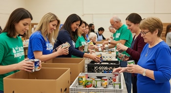 Varias personas clasifican latas de comida enlatada, depositándolas en cajas de cartón y cestas plásticas sobre una mesa.