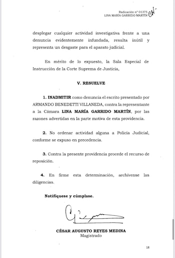 La Corte Suprema inadmitió la acusación del ministro del Interior, señalando que las declaraciones de la representante se dieron en el marco de sus funciones y bajo el derecho de réplica - crédito Sala de Instrucción de la Corte Suprema de Justicia