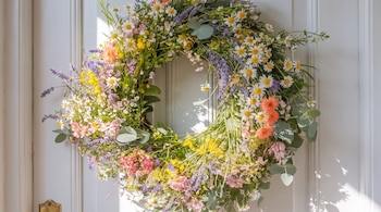 Corona circular con margaritas, lavanda, hojas de eucalipto y flores silvestres variadas colgada en una puerta blanca.