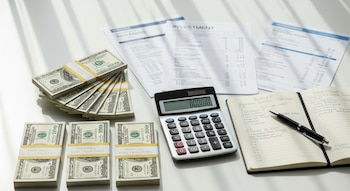Múltiples fajos de billetes de cien dólares, una calculadora con ceros en pantalla, una libreta de presupuesto abierta y documentos de inversión sobre una mesa blanca.