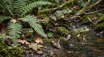 Tres ranas verdes entre helechos, hojas secas y musgo, una de ellas saltando sobre el agua de un arroyo.