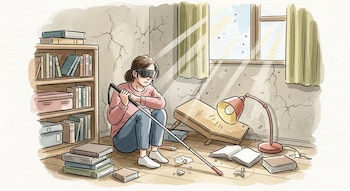 Mujer con antifaz en el suelo, sostiene un bastón blanco; paredes agrietadas, ventana, estantería con libros, mesa caída, lámpara, libros esparcidos.