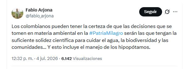 El ministro de Ambiente designado Fabio Arjona aseguró que todas las decisiones que tome desde la cartera tendrán suficiente solidez científica - crédito @fabio_arjona/X