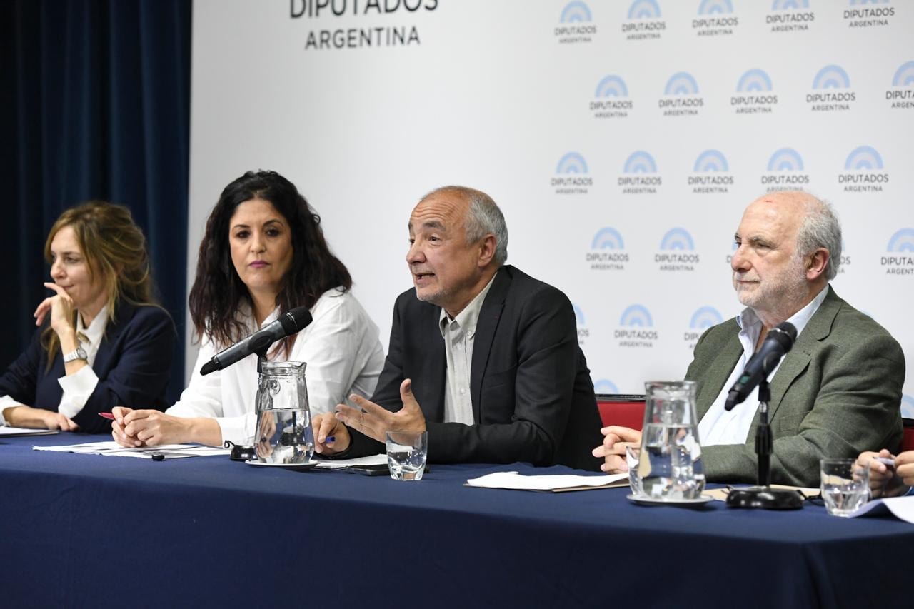 José Errasti en el panel en Diputados, flanqueado por Spinelli, Al Halabi y Marino Pérez Álvarez