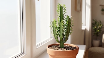 Una planta verde suculenta dentro de una maceta de terracota sobre el alféizar de una ventana blanca.