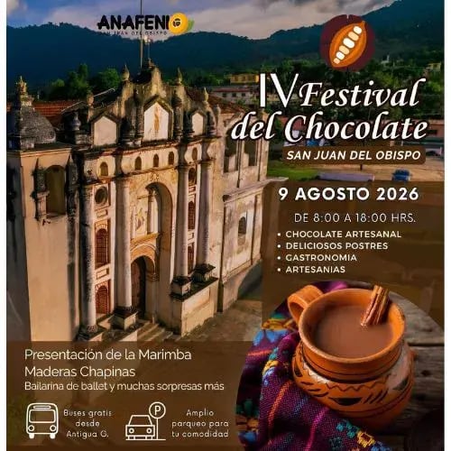 El Festival del Chocolate 2026 se realizará de 8:00 a 18:00 horas y ofrecerá transporte gratuito desde Antigua Guatemala y áreas de estacionamiento. (ANAFENI)