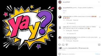 Imagen estilo cómic con la frase 'Ya, ¿y?' en una explosión de diálogo. 'Ya' en rosa, '¿y?' en morado sobre fondo negro con estrellas y puntos amarillos