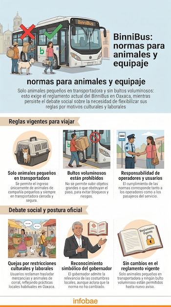 Infografía de BinniBus con imágenes de pasajeros, un autobús, animales en transportadoras y bultos, explicando normas y el debate en Oaxaca.