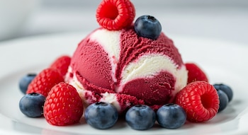 Una bola de helado de frutos rojos y blanco con forma de remolino, decorada con frambuesas rojas y arándanos azules sobre un plato blanco.