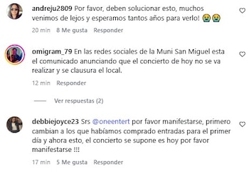 Captura de pantalla con tres comentarios de usuarios en una red social sobre la cancelación de un concierto y la clausura del local