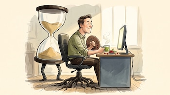 Ilustración de un hombre sentado ante un escritorio en una silla con raíces, con una taza en la mano y un reloj de arena con piernas detrás.