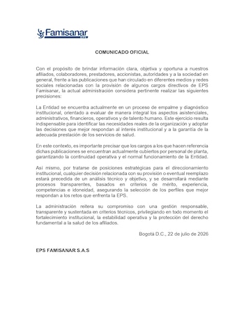 EPS Famisanar aseguró que no existe un vacío administrativo y que sus funciones continúan con normalidad - crédito EPS Famisanar