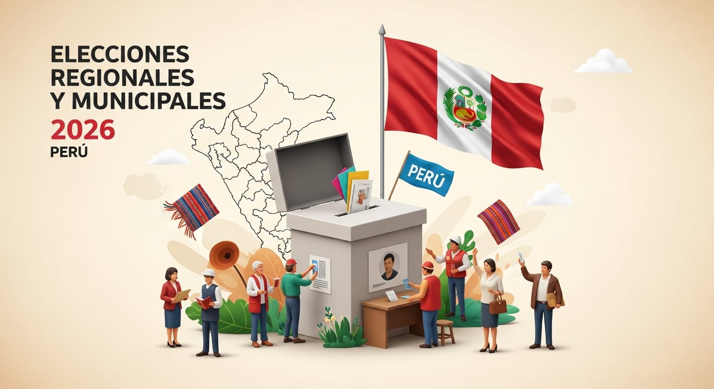 Representación gráfica de las Elecciones Regionales y Municipales de 2026 en Perú, mostrando una urna con papeletas, la bandera nacional y ciudadanos ejerciendo su derecho al voto. (Imagen Ilustrativa Infobae)