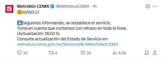 Actualización Metro 24 de septiembre. Foto: x.com/@MetrobusCDMX