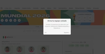 Captura de pantalla de una página web de Infobae con un pop-up que indica "Arma tu equipo soñado" para el Mundial 2026, mostrando la selección de arqueros y un contador de tiempo
