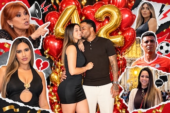 Fotomontaje de una pareja frente a globos dorados del número 42, rodeada de retratos recortados de cuatro mujeres y un futbolista