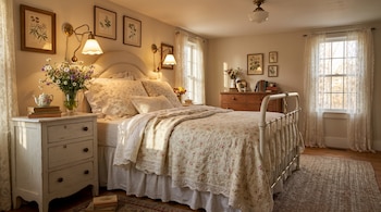 Dormitorio con cama de hierro, edredón floral, dos mesitas de noche, una cómoda de madera, cuadros botánicos, jarrones de flores, cortinas de encaje y luz solar
