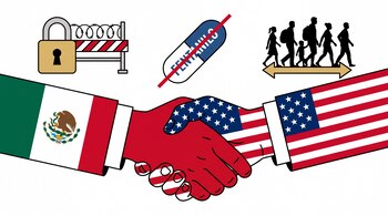 Ilustración de manos con banderas de México y EE. UU. estrechándose, con símbolos de candado y barrera, pastilla de fentanilo tachada y siluetas migratorias.