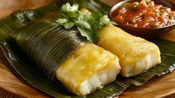 Tamal relleno de bacalao guisado, envuelto en hoja de maíz, ideal para disfrutar en fiestas navideñas y reuniones familiares. - (Imagen Ilustrativa Infobae)