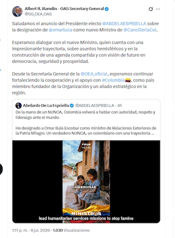 Albert R. Ramdin, secretario general de la OEA, reaccionó a la desginación de Omar Bula como ministro de Relaciones Exteriores de Colombia - crédito @SG_OEA_OAS/X
