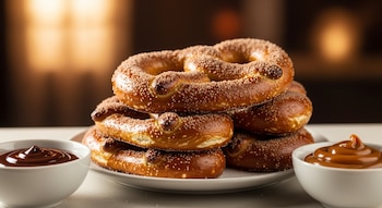 Pila de pretzels de azúcar y canela en plato blanco, con bowls de salsa de chocolate y dulce de leche. Fondo difuso y cálido.