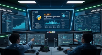 Dos analistas en un centro de ciberseguridad de Google observan pantallas con gráficos, código Python y una alerta de ataque generado por IA, en un ambiente moderno.